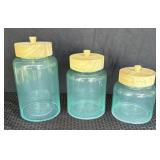 (3)Blue-green Sea Glass Canisters w/Wood Lids