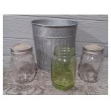 Metal Bucket & (3) Jars