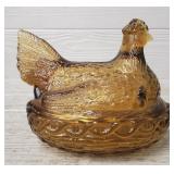Vintage Amber Glass Hen on Nest Dish