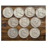 (10) Silver Franklin Half Dollars