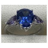 Blue Sapphire Faceted & Amethyst Ring