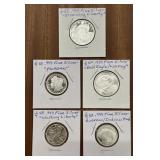 (5) Various 1/4oz .999 Silver Rounds