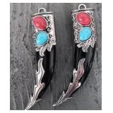 (2) Turquoise & Coral Like Tooth Shaped Pendants