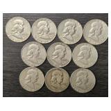 (10) Silver Franklin Half Dollars