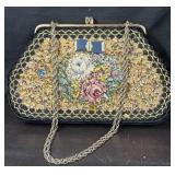 Antique 1930's Needlepoint & Beaded Velvet Purse