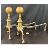 Antique Brass Ball Andirons w/Cast Iron Supports