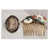 Vintage Cameo Brooch & Closoinne Side Comb