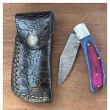 Damascus Folding Knife w/ Sheath #1