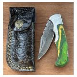 Damascus Folding Knife w/ Sheath #2