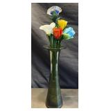(6)Hand Blown Glass Flowers & Green Vase