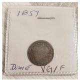 1857 VG+ Seated Liberty Silver Dime