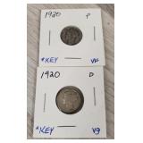 (2) 1920 Key Date Mercury Dimes