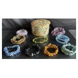 (9) Gorgeous Beaded Bracelets w/Vintage Tin