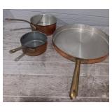 (3) Vintage Copper & Brass Handle Pans