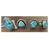 (4) Vintage Navajo Turquoise & Silver Rings