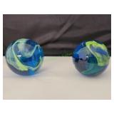(2) Blue & Green Swirl Jumbo Marbles