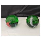 (2) Green w/ Blue & Orange Swirl Jumbo Marbles