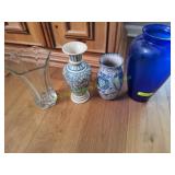 (1)Blue Glass, (2)Blue/White&(1)Clear Glass Vases