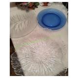 (2) Clear Class Serving Platters & (1) Blue Plate