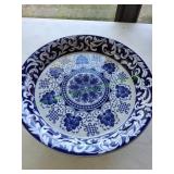 Vtg 15.5" Blue & White Pedestal Platter