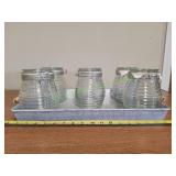 (5)Beehive-Shaped Glass Storage Jars w/Metal Tray