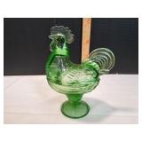 Vtg Green Glass Standing Rooster Candy Dish