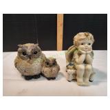 Vtg Owl Figurine & Musical Angel Cherub Figurine