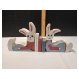 Vtg Wood Bunny Book Ends w/ Wood Books