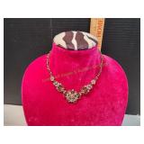 Vtg Avon Pink Rhinestone / Brass Floral Necklace