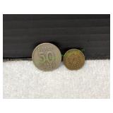 1958 Swedish 50 Ore Coin & Cuba 1 Centavo Coin