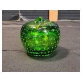 Vtg Green Hand-Blown Glass Apple Paperweight
