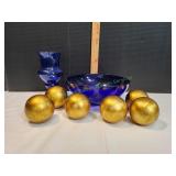 Cobalt Blue Vase & Centerpiece Bowl w/ Gold Balls