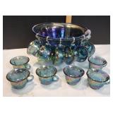 Indiana Blue Carnival Glass Princess Punch  Set
