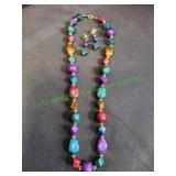 Vtg Multi-Colored Beaded Necklace w/ Earrings