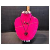 Vtg Glass Heart Pendant & Dangle Earrings Set