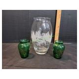 (2) Vtg Czech Emerald Green Bud Vase w/ Gold Trim