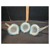 (3) Blue Opalescent Hobnail Epergne Lily Horns