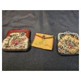 (2) Vtg Tapestry Coin Purses w/ (1) Silk Pouch
