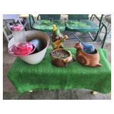 Planters, Garden Statue & Hummingbird Feeder