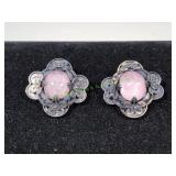 Vtg Sterling Silver Filigree Rose Quartz Clip-On