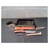 Vtg Fixed Blade Knife, Railroad Spikes & More