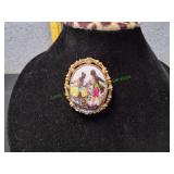 Vtg Gold-Tone Milk Glass Rococo Scene Brooch