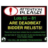 LOTS 65-81 DEADBEAT BIDDER RELISTS
