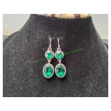 Silver-Tone Double Drop Green Facet Stone