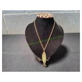 Vtg Gold-Tone Fish Pendant w/ Inlaid Green Stones