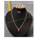 Gold-Tone Red Oval Drop Necklace Set