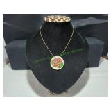 Vtg Round Painted Red Rose Pendant