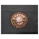 Vtg Round Copper-Tone Filigree Brooch w/Pink