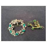 Vtg Holiday Wreath Brooch & Floral Spray Brooch