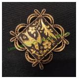 Spanish Damascene Bird & Floral Filigree Brooch